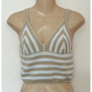Willow & Wind Medium Crochet V-Neck Tank Top Beige/White Stripe Boho Sleeveless